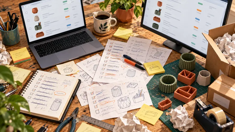 Angled view of a busy maker’s desk covered with handwritten lists, order screens, unfinished products and packing materials.